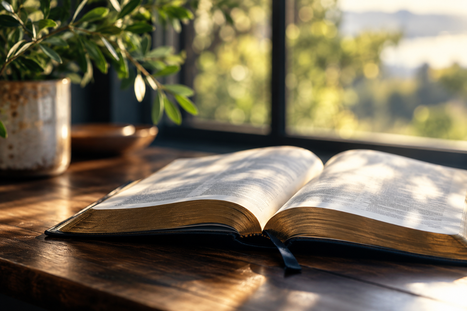 An open Bible resting in warm sunlight